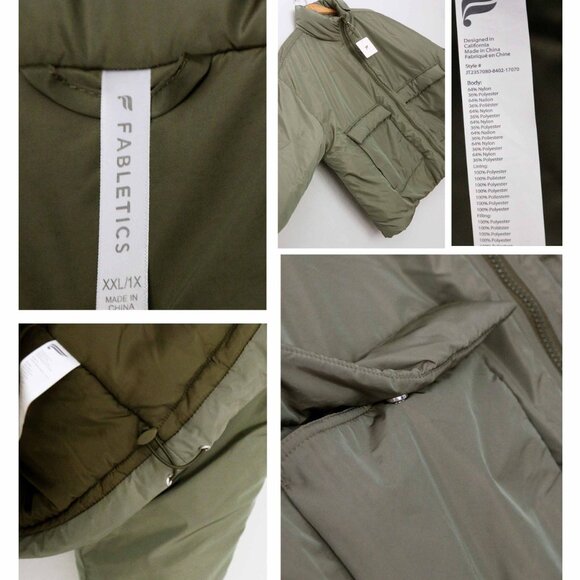 NEW Fabletics Khloe Kardashian All Weather Puffer Jacket Dark Moss Shine XXL 1X - Picture 13 of 16